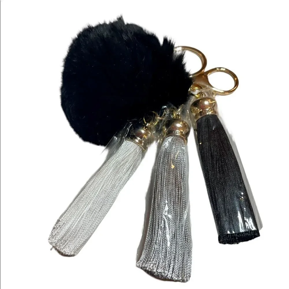 POMPOM BAG‎ CHARM AND KEY RING WITH 3 TASSELS